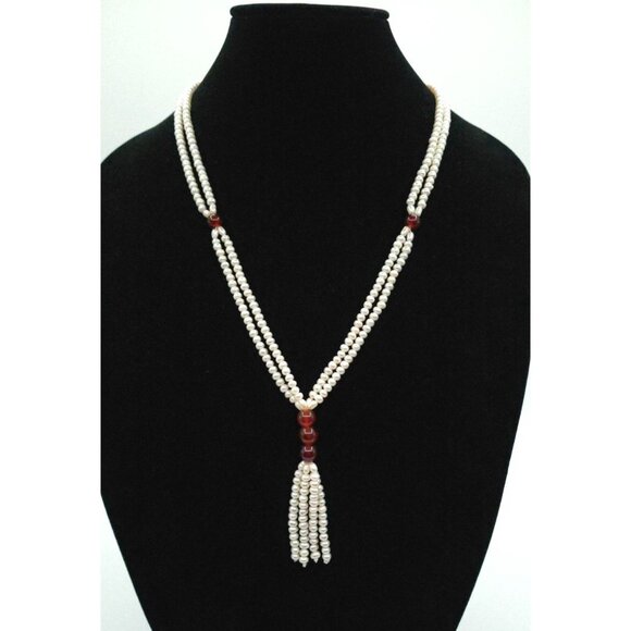 Unbranded Jewelry - Vintage Pearl & Garnet Tassel Lariat Necklace With Elegant Multi Strand Design